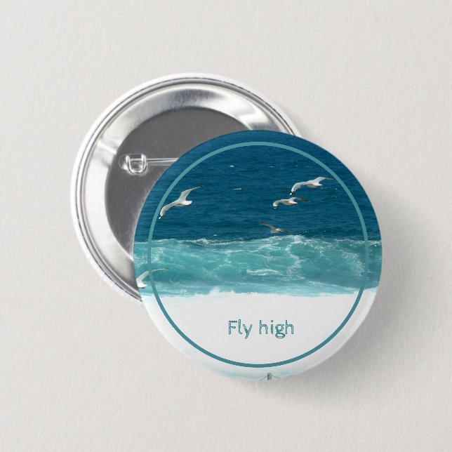 Ocean Waves Seagulls Fly High Badge Button (Front & Back)