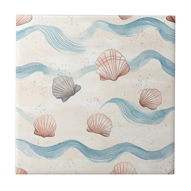 Ocean Waves Seashell Pattern Ceramic Tile (Front)