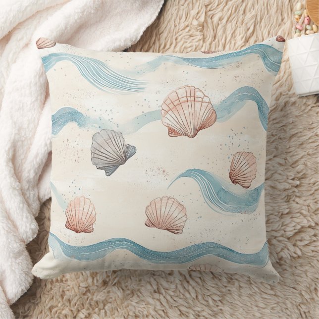 Ocean Waves Seashell Pattern Throw Pillow (Blanket)