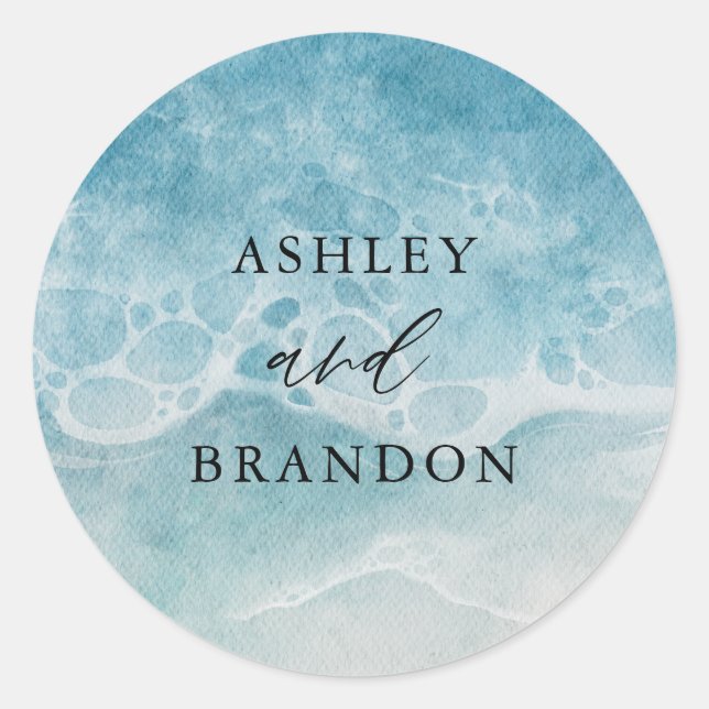Ocean Waves Summer Beach Theme Wedding Classic Round Sticker (Front)