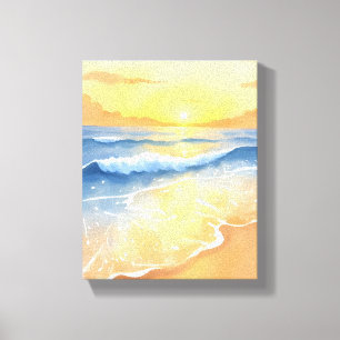 Ocean Waves Sunset Beach Watercolor Canvas Print