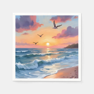 Ocean Waves Sunset Oil Painting Coastal Beach Napkins