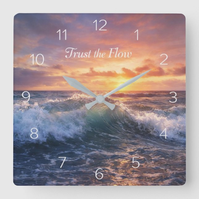 Ocean Waves Sunset Trust The Flow Quote Square Wall Clock (Front)