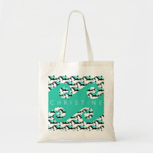 Ocean Waves Swimming Sharks Personalized Beach Tote Bag