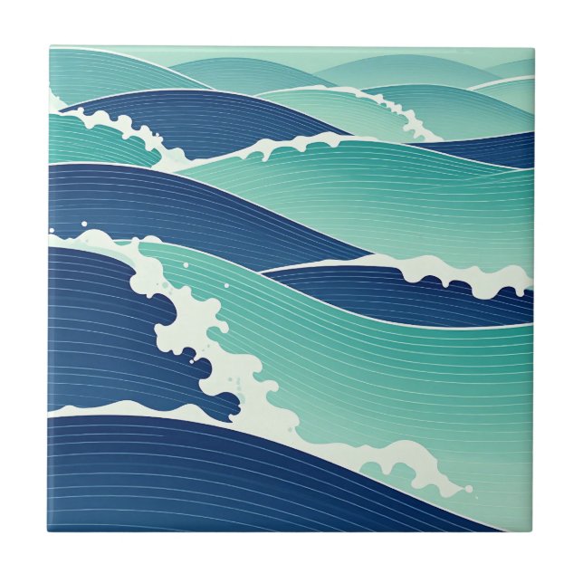 Ocean Waves Teal Blue Japanese Style Ceramic Tile (Front)