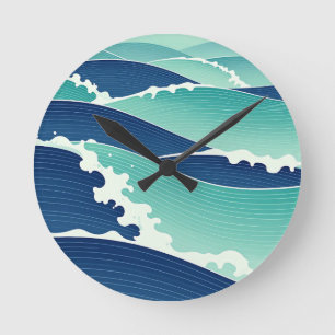 Ocean Waves Teal Blue Japanese Style Round Clock