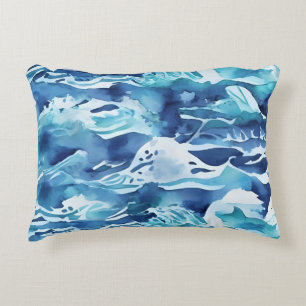 Ocean Waves   Teal Watercolor Aqua Blue Accent Pillow