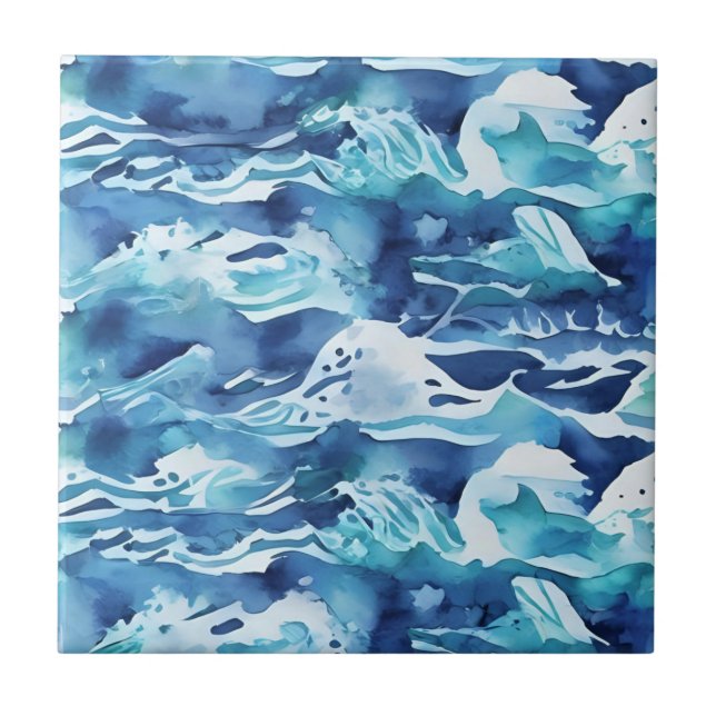 Ocean Waves | Teal Watercolor Aqua Blue Ceramic Tile (Front)