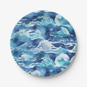 Ocean Waves   Teal Watercolor Aqua Blue Paper Plates