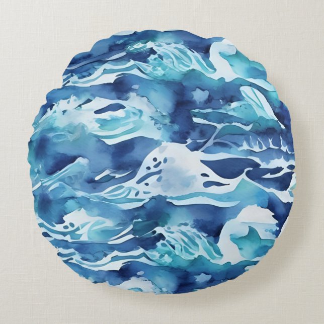 Ocean Waves | Teal Watercolor Aqua Blue Round Pillow (Front)