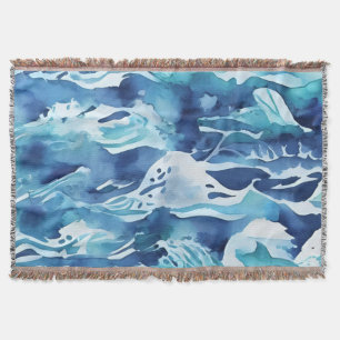 Ocean Waves   Teal Watercolor Aqua Blue Throw Blanket