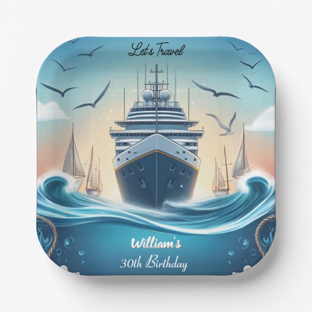 Ocean Waves Travel Anchor Yacht 30th Birthday Paper Plates (Front)