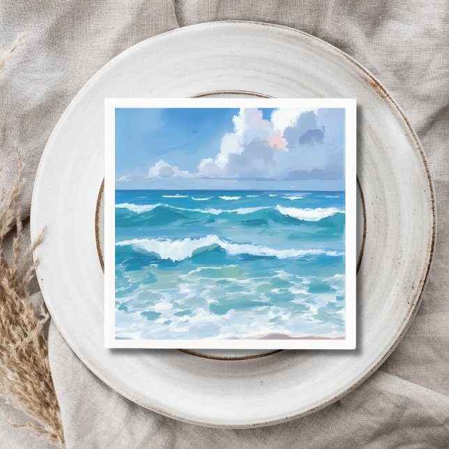 Ocean Waves Watercolor Beach Coastal Wedding Napkins (Creator Uploaded)