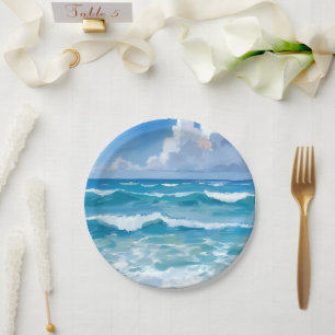 Ocean Waves Watercolor Beach Coastal Wedding Paper Plates