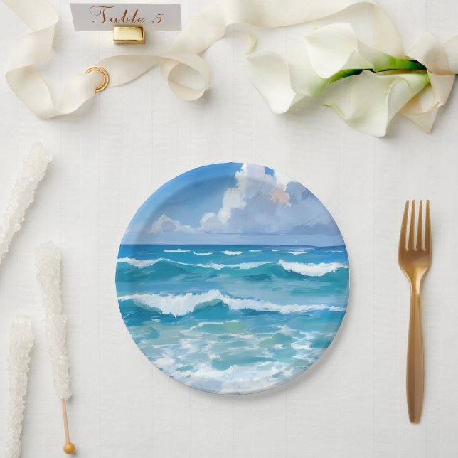 Ocean Waves Watercolor Beach Coastal Wedding Paper Plates (Wedding)
