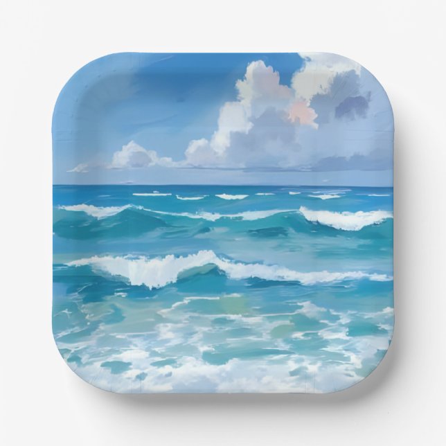 Ocean Waves Watercolor Beach Coastal Wedding Paper Plates (Front)