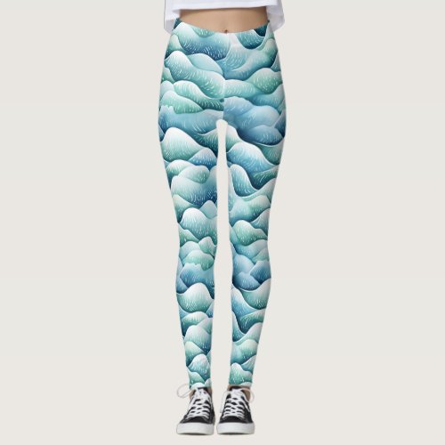 Ocean Waves  Watercolor Turquoise Pattern Leggings