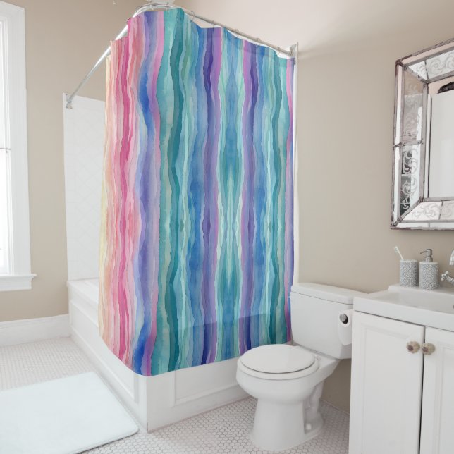 Ocean Waves Watercolour Rainbow Inspired Stripe Shower Curtain (In Situ)