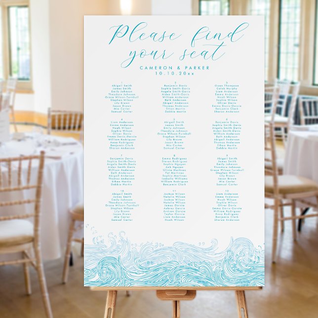 Ocean Waves Wedding Aqua Blue Seating Chart Foam Board (Ocean Waves Beach Wedding Seating Chart in Aqua Blue for a Coastal Celebration from Concertina Press)