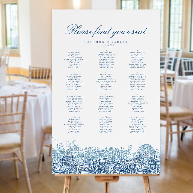 Ocean Waves Wedding Navy Blue Seating Chart Foam Board (Navy Blue Ocean Waves Seating Chart for a Coastal Chic Wedding from Concertina Press)