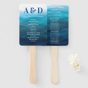 Ocean Waves Wedding Program Fan, Blue Hand Fan