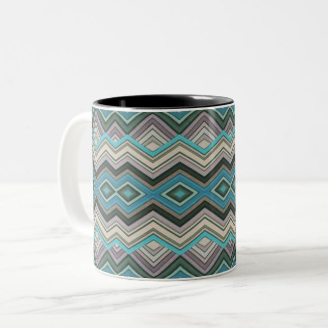 Ocean Waves Zig Zags & Stripes Two-Tone Coffee Mug (Front Left)