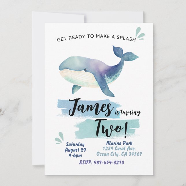 Ocean Whale Birthday Invitation Blue Marine Splash (Front)