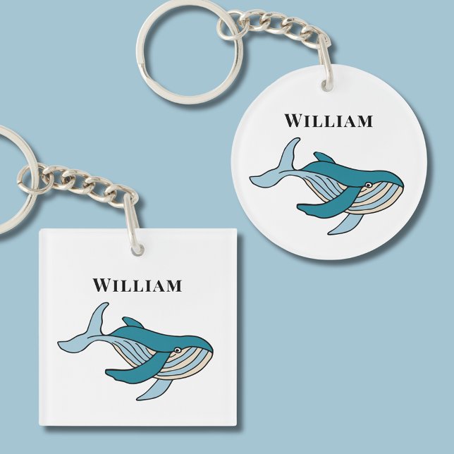 Ocean Whale kids Keychain (Blue ocean whale nautical keychain with kids name. Great for school bags and house keys.)
