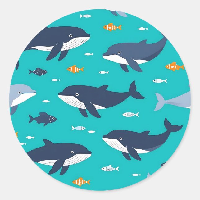 Ocean Whales Dolphins Pattern Classic Round Sticker (Front)