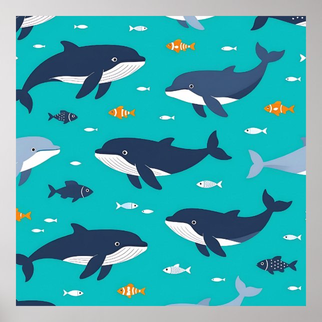 Ocean Whales Dolphins Pattern Poster (Front)