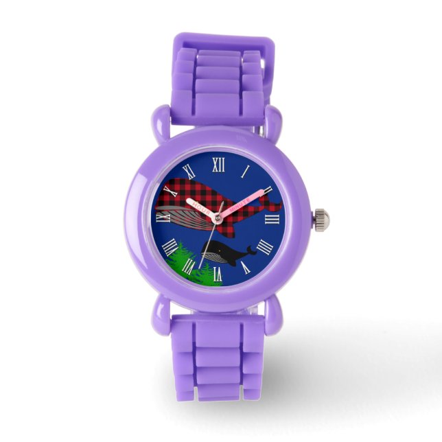 Ocean Whales fantasy, buffalo plaid whale, trees Watch (Front)