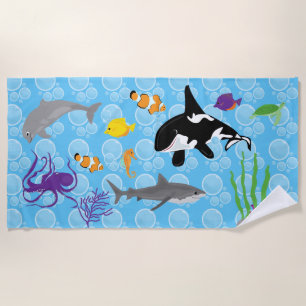 Ocean Whales, Sharks, and Fish Beach Towel