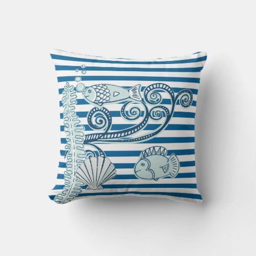 Ocean With Fish Blue and White Stripe Pillow