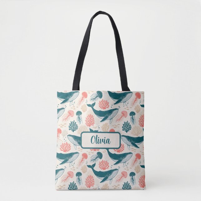 Ocean Wonders Whale Jellyfish Coral Tote Bag (Front)
