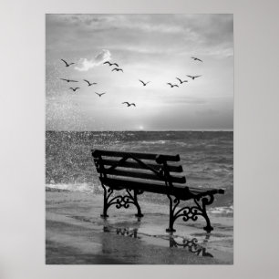 Oceanfront Bench with Seagulls at Sunset Poster