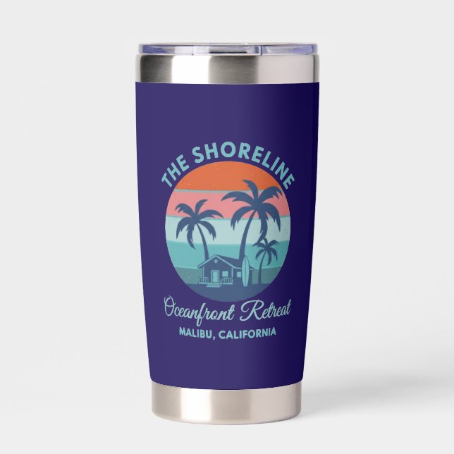 Oceanfront Retreat, insulated navy tumbler (Front)