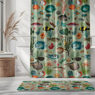 Oceania Colorful Fishes on Sage Green Background Shower Curtain