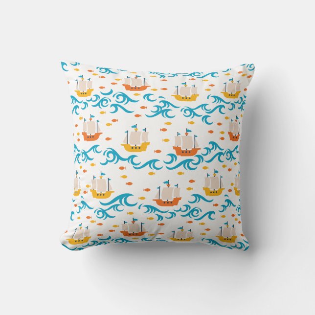 Oceanic Adventure: Yellow and Red Sailing Ships wi Throw Pillow (Front)