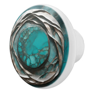 Oceanic Art Nouveau Turquoise Silver Ceramic Knob