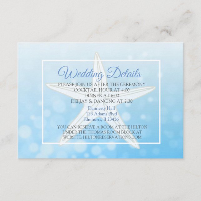 Oceanic Blue Bubbles Starfish Wedding Details Card (Front)