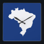 Oceanic Blue Festive Brazil at Emporio Moffa Square Wall Clock<br><div class="desc">Brazil map outline in white with contrasting colors in Emporio Moffa's Festive Brazil palette inspired by the national flag,  carnival and coffee industry.</div>