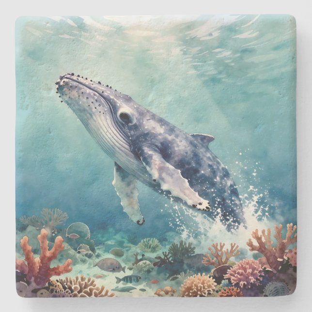Oceanic Blue Whale and Coastal Poem Stone Coaster (Front)