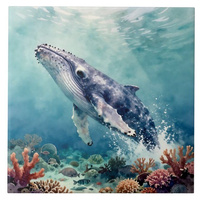Oceanic Blue Whale Watercolor Coastal Art Ceramic Tile (Front)