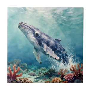 Oceanic Blue Whale Watercolor Coastal Art Ceramic Tile