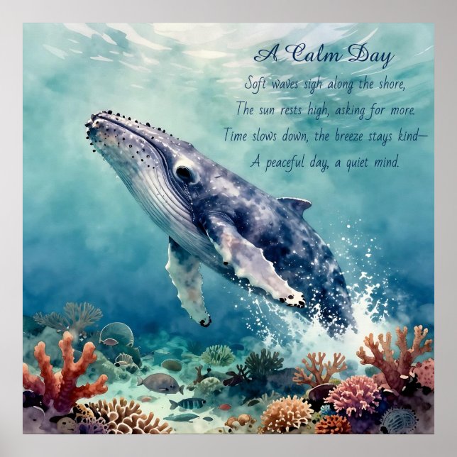 Oceanic Blue Whale Watercolor Coastal Art Poster (Front)