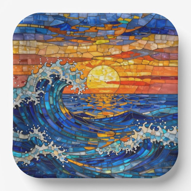 Oceanic Coastal Ocean Waves Sunset   Paper Plates (Front)