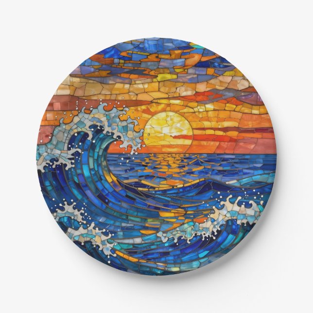 Oceanic Coastal Ocean Waves Sunset   Paper Plates (Front)