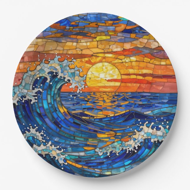 Oceanic Coastal Ocean Waves Sunset   Paper Plates (Front)