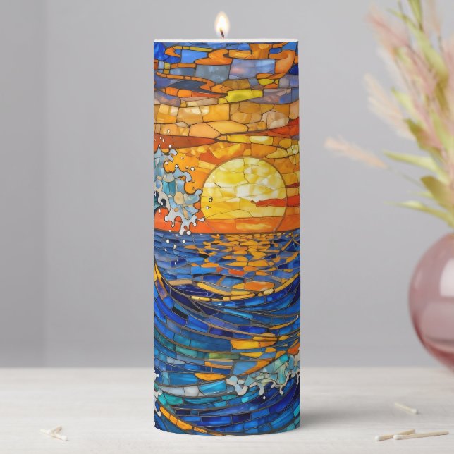 Oceanic Coastal Ocean Waves Sunset   Pillar Candle (In Situ)