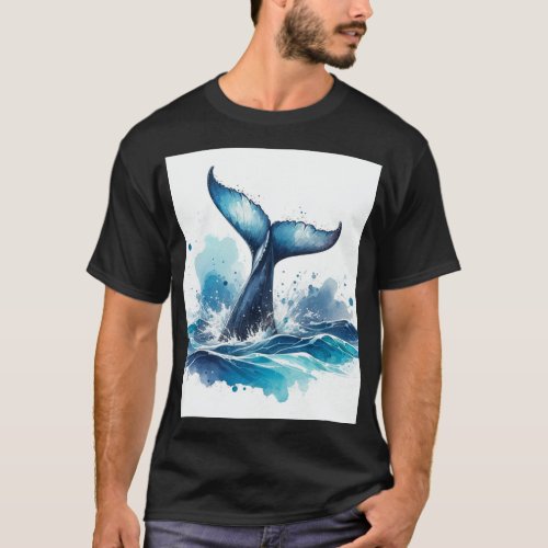 Oceanic Elegance Majestic Whale Tail Watercolor T_Shirt